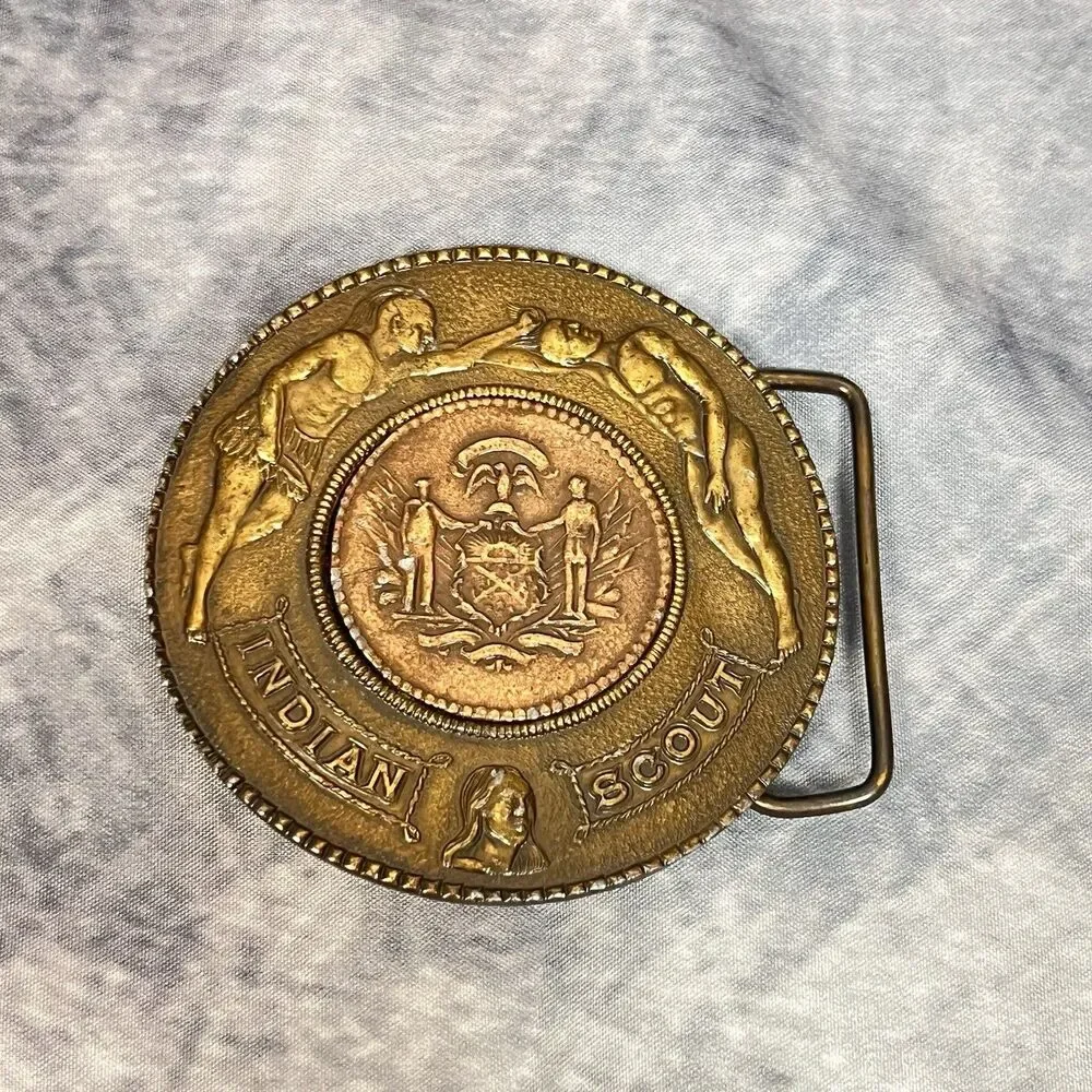 Vintage USA Indiana scout brass belt buckle state seal copper tone 3 inch